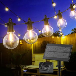 Aiou-Guirlande Lumineuse Solaire Led Pour Extérieur-Ampoules G40-Blanc Chaud-Avec Panneau Solaire-Guirlande Lumineuse D'extérieur-Ip65 Étanche Avec 25 + 2 Ampoules G40 Incassables-Blanc - Neuf