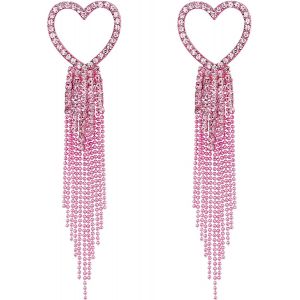 Kal-Boucles D'oreilles Pendantes En Forme De C?ur Pour Femmes Et Filles - Cristal De Strass - Longue Cascade - Perles À Franges - Lustre - Boucles D'oreilles De Mariage - Neuf