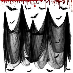 Cauc-Halloween D&eacute;coration Noir Tissu Effrayant, Effrayant Chiffons De Mousseline Et 12 Pcs Noir 3d Fausse Chauve,Maisons Hant&eacute;e Porte Maison F&ecirc;te Jardin Int&eacute;rieur Ext&eacute;rieur(215 X 800 Cm) - Neuf