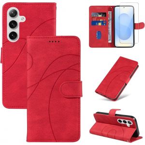 KAL-Coque Pour Samsung Galaxy S25 5G Avec 1 Pi&egrave;ce Protection &Eacute;cran En Verre Tremp&eacute;, Housse Pu Cuir &Agrave; Rabat Flip, &Eacute;tui Support Et Portefeuille Fonction (Rouge) - Neuf
