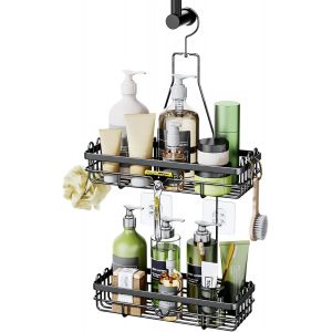 Étagère de douche à suspendre, sans perçage, en acier inoxydable, à 2 niveaux, résistant à la rouille, pour accessoires de douche, 3 vis adhésives, noir - Neuf