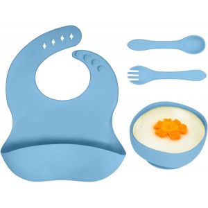 Kal-Assiette Bébé, Assiette En Silicone Pour Bébé,Lot De 4, Coffrets Repas Bebe Silicone, Enfant Set Couverts Vaisselle Pour Sevrage Manger Apprentissage Ventouse Pour Bébé(A-Bleu) - Neuf