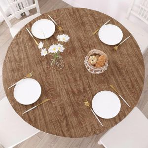 SJZG-Nappe Ronde Toile Ir&eacute;e Avec Bord &Eacute;lastique, Nappe Exterieur Impermeable Jardin, Nappes Table Ronde Pour Diam&egrave;tre 90-110 Cm, Marron Bois - Neuf