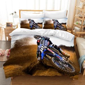 Sjzg-Parure De Lit 3 Pi&egrave;ces En Microfibre Avec Housse De Couette Et Taie D'oreiller, Motif De Motocross Licorne Pour Enfants (Moto E, 135 X 200 Cm) - Neuf