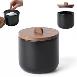 Ulteronixshop-Pot &Agrave; Sel En C&eacute;ramique Curve - Bo&icirc;te Herm&eacute;tique Avec Couvercle En Bois D'acacia. Pot Multiusage Pour Sel, Sucre Ou &Eacute;pices. Design Nordique. 11.5 X 12 Cm. - Noir Mat - Neuf