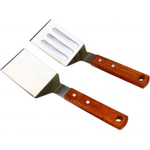 Lot de 2 spatules m&eacute;talliques pour po&ecirc;le en fonte, spatule de grill en acier inoxydable avec manche en bois, id&eacute;ale pour la cuisson au barbecue - Neuf