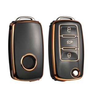 Étui pour clé de voiture en cuir Tpu,coque de Protection complète pour VW Volkswagen Polo Tiguan Passat Golf Jetta Lavida Octavia - Type Gold Black - Neuf