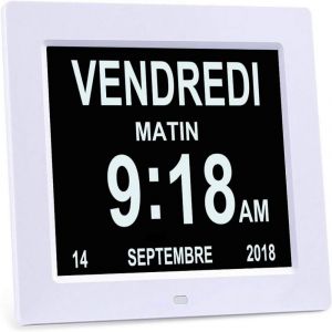 Horloge num&eacute;rique LCD 8"" avec calendrier et date (blanche), date et heure - Neuf