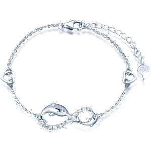 Bracelet Pour Femme Fille, Bracelet En Argent 925, Bracelet Symbole De L'infini Avec Dauphin Mignon, Décorer De Diamant, Coeur Ou Étoile, Zircon Incrusté, Argent, Bracelet Élément Animal - Neuf