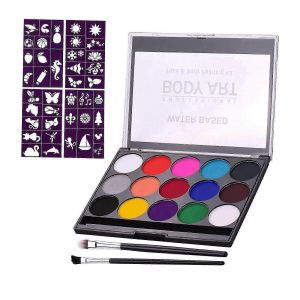 Kit De Maquillage Professionnel Pour Le Visage Et Le Corps, Peinture Corporelle Amovible &Agrave; Base D'eau, Palette De 15 Couleurs Avec 2 Pinceaux Et 4 Pochoirs Pour Costume D'halloween - Neuf