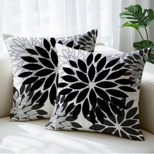 CAUC-Housse de Coussin 40x40 cm Moderne Dahlia Coussin D&eacute;coratives Recto-Verso Motif Fleurs Noir Gris Coussin de Canap&eacute; Coussin D'ext&eacute;rieur Lin pour Canap&eacute; Jardin Salon Lit Lot de 2 - Neuf