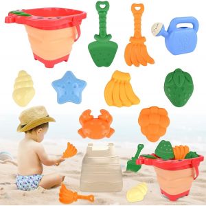 KAL-Jouet De Plage Enfant, 10 Pi&egrave;ces Jeux De Plage Avec Seau Fraise Plage Pliant, Roue &Agrave; Eau, Pelle R&acirc;teaux Moules, Glace Jeu De Plage Enfant Pour Bac A Sable Int&eacute;rieur Ext&eacute;rieur (Rouge) - Neuf