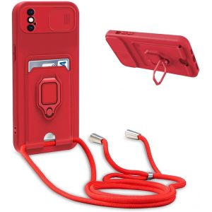 Mdy-Coque Avec Cordon Pour Iphone Xs/Iphone X,Collier Pour Étui Colliers De Cellulaire Réglable Corde Silicone Souple Case,Protection De La Caméra,Support,Porte Cartes - Rouge - Neuf