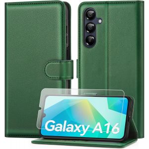 CAUC-Coque pour Samsung Galaxy A16 avec Verre Tremp&eacute;, &eacute;tui Cuir PU Magn&eacute;tique [ Pochette de Portefeuille ], Housse de Fonction Stand Video Porte Carte Credit &agrave; Rabat pour Samsung A16 -Vert - Neuf