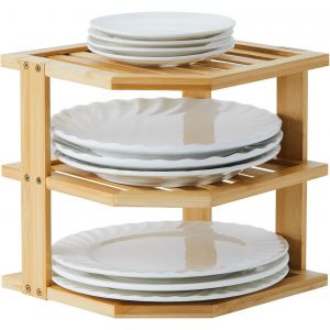 Eryi-Organisateur De Vaisselle En Bambou 25 X 25 X 25 Cm, Insert D'armoire D'angle À 3 Étages Pour Étagère De Cuisine, Égouttoir À Vaisselle, Support D'assiettes - Neuf