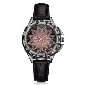 Fleur Motif D&eacute;coration Dame Montre Femmes Dame &Agrave; La Mode Quartz Mouvement Montre (Noir + Noir) - Neuf