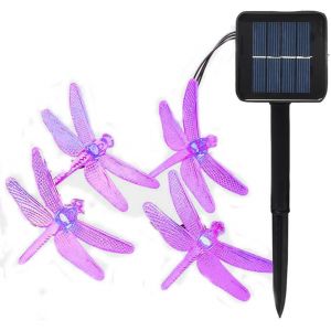 Kal-Guirlande Lumineuse Solaire, 20led Libellule String Lights Chaîne De Lumière Extérieure Pour Jardin,Mariage,Terrasse,Noël(Violet) - Neuf