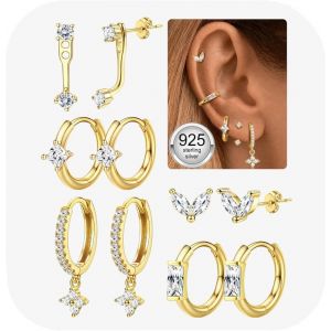 5 Paires Boucles D'oreilles Femme Argent 925 Plaquée Or 14k Créoles Argent Boucles D'oreilles Zircon Piercing Oreille Cartilage Boucles D'oreilles Femme Or Pour Piercings Multiples.[X877] - Neuf