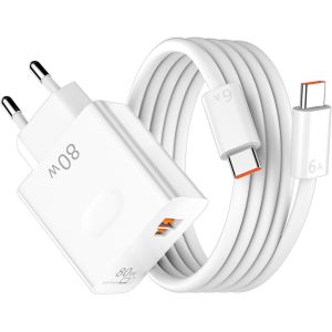 LETNERNY-80W Supercharge Chargeur Pour Honor Magic6 Pro 2 Ports Pd Chargeur Secteur Charge Rapide Et 6A Câble Usb C 1M Pour Honor 400 200 Lite 200 Smart Magic6 7 Lite V5 V3 V2 X6B X6C X9C 90 70 50 Pa - Neuf