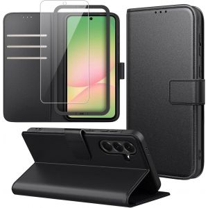 Aefj-Coque Portefeuille Compatible Avec Samsung Galaxy A56 5g Avec 1 Pi&egrave;ce Protection &Eacute;cran En Verre Tremp&eacute; Et 1 Pi&egrave;ce Outil D'installation Simple, Pu Cuir Housse, Support Et &Agrave; Rabat Flip &Eacute;tui - Noir - Neuf