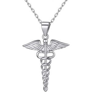 Tianyi-Collier Caduc&eacute;e Argent 925,Pendentif En Forme D'ange Deux Serpents Caduc&eacute;e M&eacute;dicale Avec Chaine Ajustable 45+5cm,Bijoux Cadeau Pour Homme Femme M&eacute;decin Infirmi&egrave;re - Neuf