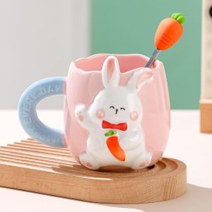 Eryi-Tasse De Pâques - Tasse Lapin Avec Cuillère À Carotte - Cadeau De Pâques - Tasse Mignonne - Tasse En Céramique De Pâques - Tasse En Céramique 3d - Motif Lapin - Café - Thé - Lait - Pour Pâques E - Neuf