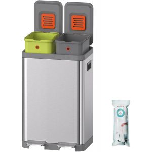 Poubelle De Cuisine &Agrave; Double &Eacute;tape Et Poubelle De Recyclage En Acier Inoxydable Avec Seaux Int&eacute;rieurs Amovibles, Pour La Maison, Le Bureau (20 + 20 L, Argent&eacute;) - Neuf