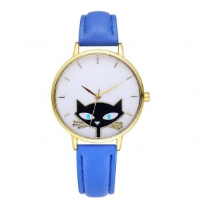 Gaiety Pu Strap Montre Mignon Chat Motif Rond Bo&icirc;tier Analogique Quartz Montre-Bracelet Bleu - Neuf