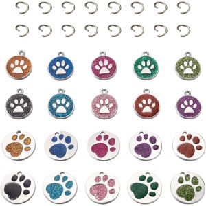 Eryi-Lot De 40 Breloques En Émail À Paillettes - Pattes De Chien Et Chat - 10 Couleurs - Pendentifs Ronds Plats - Pour La Fabrication De Bijoux Et De Porte-Clés - Neuf