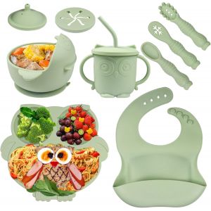 Kal-9 Pièces Coffret Repas Bebe Silicone, Set Vaisselle Pour Bébé Silicone, Assiette Ventouse, Bavoir Bebe, Couvert Enfant Et Tasse Apprentissage En Silicone Sans Bpa - Neuf