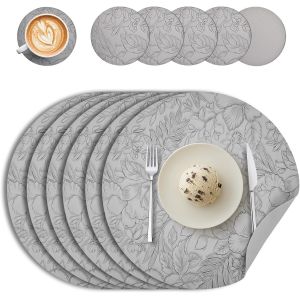Eryi-Set De Table Et Dessous De Verre Lot De 6, Sets De Table Rond Cuir Double Face Set De Table Lavable Antidérapant Plastique Dessous De Tabl Chaleur Résiste (Gris) - Neuf