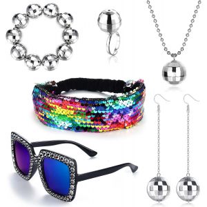 Kales-7pcs 70s Disco Accessoires Pour Femmes Disco Ball Boucles D'oreilles Collier Bracelet Bagues Disco Accessoires Argent Ensemble Coloré Bling Bandeau Et Lunettes De Soleil Ensemble De Bijoux - Neuf