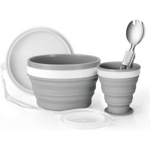 Apt-Vaiselle Camping Pliable Ensmble Assiettes Camping Avec Un Tasse Et Un Bol Pliables En Silicone Et Une Cuillère À Salade En Acier Inoxydable Pour Randonnée, Camping, Pique-Nique Ou L'extérieur - Neuf