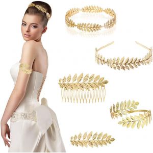 Kal-5 Pcs Couronne Laurier Dorée Brassard De Bal En Métal Bandeau Grecque Déguisement Déesse Brassard Or Feuilles D'or Coiffe De Mariée Pour Femme Coiffe De Mariée Cadeau Cospiay - Neuf