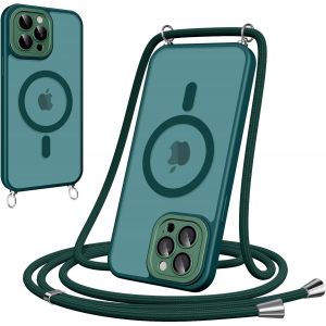Maa-Coque Magnétique Pour Iphone 16 Pro Max Avec Cordon, [Compatible Avec Magsafe] Etui Translucide Mat Arrière Anti-Jaunissement Antichoc Réglable Portable Lanyard Case Protection, Vert - Neuf