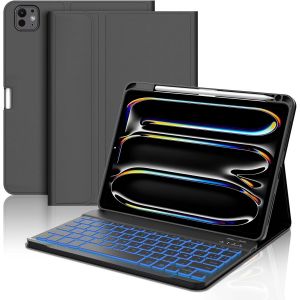 Coque Clavier Ipad Pro 11 Pouces 2024, Rétroéclairage Diy 7 Couleurs, Étui Clavier Détachable Sans Fil Clavier Azerty Avec Porte-Stylet Pour Ipad Pro 11 M4 2024, Noir - Neuf