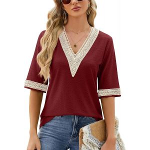 Utigh-Chemisier Femme Chic Et Élégant Blouse Mode Chemise Découpes Col En V Hauts Manches Courtes D'été Top Couleur Unie Casual Tops - Neuf
