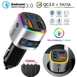 Transmetteur Fm Bluetooth, Qc3.0 Fm &Eacute;metteur Main Libre Kit Bluetooth Adaptateur Radio Chargeur De Voiture, Lumi&egrave;re Color&eacute;e - Neuf
