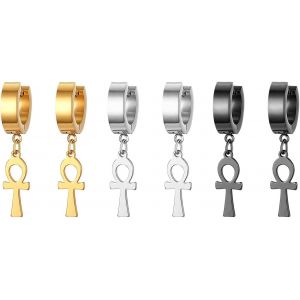 Boucles D'oreilles En Acier Inoxydable - Boucle D'oreille Croix Clou Argent Noir Dor&eacute; Ronde Cr&eacute;oles Classiques &Agrave; Charni&egrave;re &Eacute;gyptienne Pour Homme Et Femme - Neuf