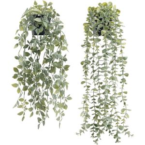 Lot de 2 fausses plantes artificielles &agrave; suspendre en pot d'eucalyptus et de pois pour salle de bain, maison, bureau, &eacute;tag&egrave;re murale, biblioth&egrave;que, accessoires de d&eacute;coration d'int&eacute;rieur - Neuf