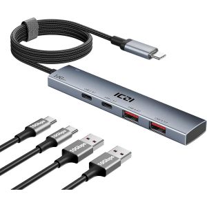 Hub USB C 3.2, 10Gbps, Multiprise USB C avec 120cm Cable Tress&eacute;e en Nylon, Adaptateur Type C vers 2A2C Ports Aluminium Compatible avec iPhone 16, MacBook, iPad Pro Surface Pro Galaxy S24 - Neuf
