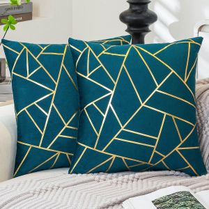 Eryi-Housses De Coussin 40 X 40 Turquoise Coussins De Canapé Avec Coussins Géométriques Dorés Taie D'oreiller En Velours Déco Coussins De Chambre Modernes Decoratif Carrées Lit Décoration Lot De 2 - Neuf