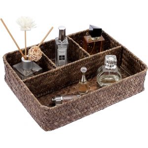 Tianyi-Panier De Rangement En Osier Panier D`Étagère Corbeille Tressé Boîte De Rangement Avec 4 Compartiments Organisateur De Table Pour Comptoir, Bureau, Étagère (Café) - Neuf