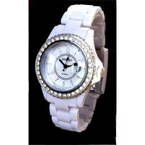 Montre Femme Luxe Blanche Dateur Strass Bracelet L&eacute;ger - Neuf