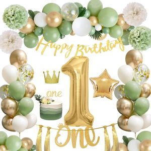 LETNERNY-Lot De 64 Décorations De Fête Pour Fille Garçon - Vert Sauge - Ballon En Aluminium Étoile De 81 Cm - Ballons En Aluminium Vert Or Blanc - Bannière - Couronne - Décoration De Gâteau - Neuf