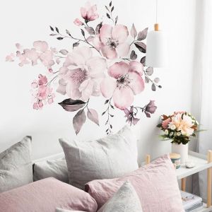 Sticker mural amovible Fleurs et feuilles roses pour la d&eacute;coration int&eacute;rieure, 58 x 52 cm, autocollant mural en PVC pour salon et chambre - Neuf