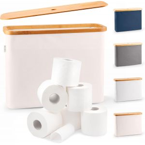 LONBET Rangement Papier Toilette pour 12 Rouleaux - Range Papier Toilette Pliable et Empilable avec Couvercle en Bambou - Organisateur de Salle de Bain &Eacute;tanche et &Eacute;l&eacute;gant - Panier Papier WC Beige - Neuf