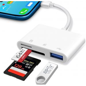 Lecteur de Carte SD pour iPhone iPad, Adaptateur Lecteur Carte SD vers USB OTG Mémoire Externes pour Micro SD/SD, Lecteur SD Compatible avec i-Phone 14 13 12 11 X XS XR 8 7, i-Pad Mini Air Pro - Neuf
