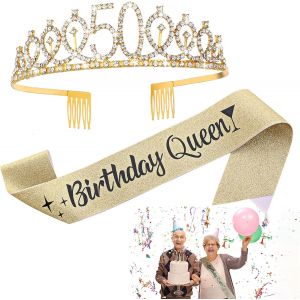 Letnerny-Kit Diadème « Birthday Queen 50e Anniversaire » ¿ Écharpe 50e Anniversaire Et Couronne En Strass Cadeau D'anniversaire 50 Ans Pour Femme - Neuf