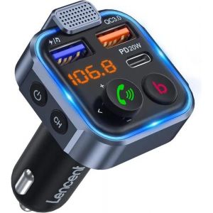 LENCENT Transmetteur FM Voiture, Allume Cigare Bluetooth 5.3 &Eacute;metteur Radio, Chargeur Rapide PD 20W Type C+ QC3.0 - Neuf